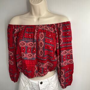 Hollister Off Shoulder Red Tribal Western Native American Print Top Medium